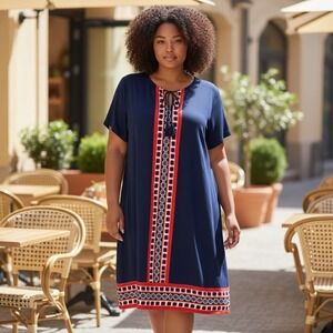 LANDS END Navy Tassel Short Sleeve Tunic Dress XL 18 Kaftan Vacation Swim Cruise